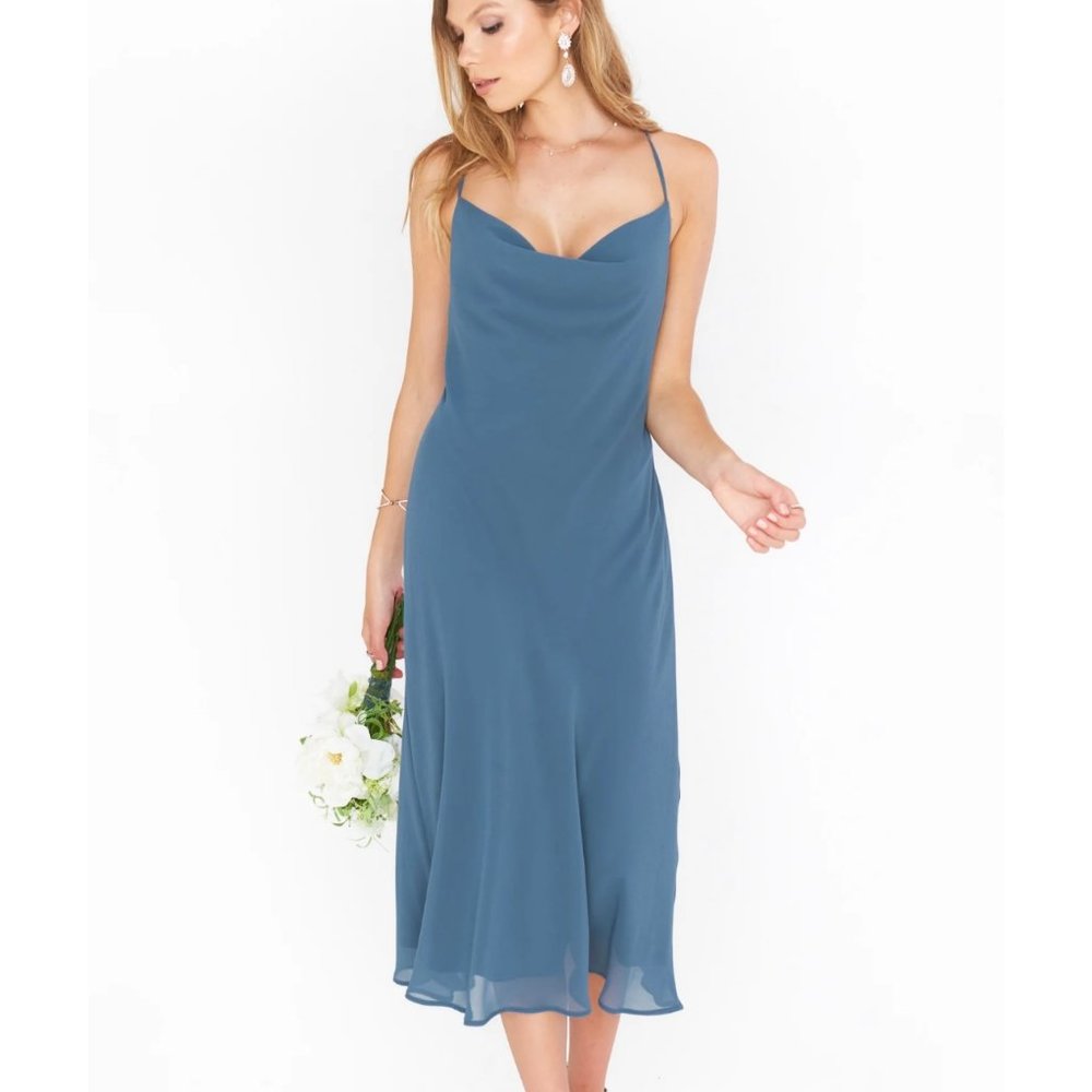NWT Show Me Your Mumu Verona Cowl Dress in Slate Blue Chiffon